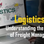A woman working on a computer displaying a global logistics map with icons of trucks, ships, and planes. The screen also shows the Spedition logo and the title "Logistics 101: Understanding the Basics of Freight Management."